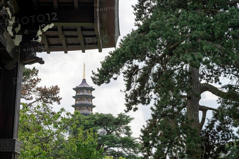 Wooden building with ornate wood carvings, Japanese Gateway, in the background the large pagoda, Royal Botanic Gardens (Kew Gardens), UNESCO World Heritage Site, Kew, Greater London, England, United Kingdom, Europe