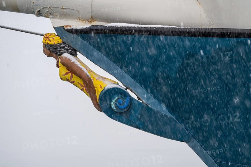 Female figurehead at the bow, on three-masted barkentine Antigua, harbour, of Ny-Ålesund, Spitsbergen Island, Svalbard and Jan Mayen archipelago, Norway, Europe