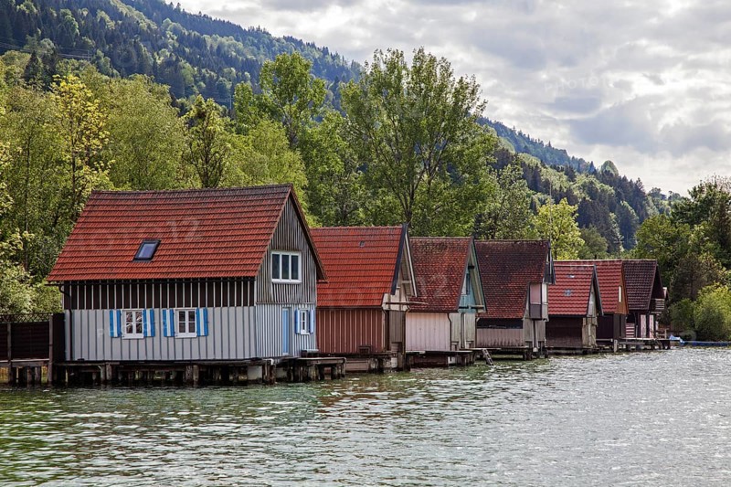 Boathouses in Bühl, Großer Alpsee, near Immenstadt, Oberallgäu, Allgäu, Bavaria, Germany, Europe