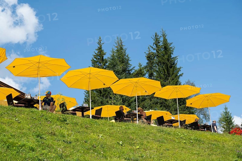 Yellow parasols of a restaurant at the Gschwandtkopf, Karwendel Mountains, Alps, Seefeld, Tyrol, Austria, Europe