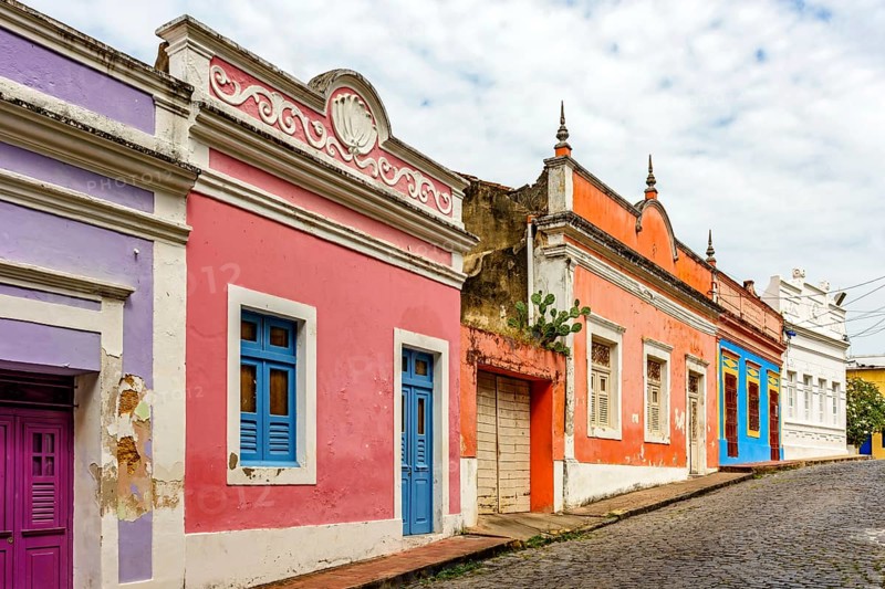 Old houses with their colorful facades on the streets and slopes of the historic city of Olinda, Olinda, Pernambuco, Brazil, South America
