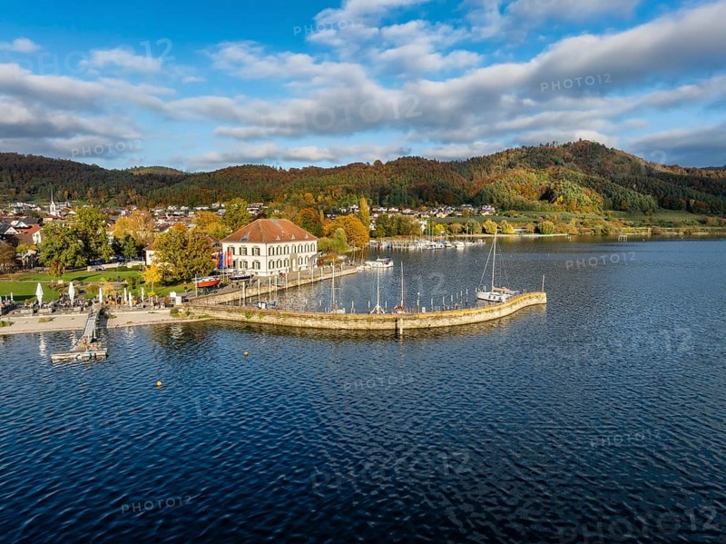 Aerial view of Lake Constance with the municipality of Bodman-Ludwigshafen with autumnal vegetation and the marina on the lake promenade with the old customs house, Hegau, district of Constance, Baden-Württemberg, Germany, Europe