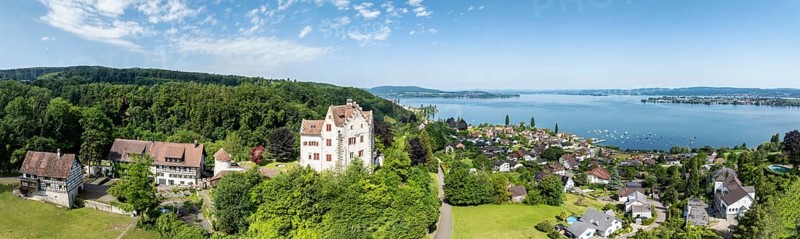 Aerial view, panorama of Salenstein Castle above the municipality of Mannenbach-Salenstein on western Lake Constance, on the horizon the Höri peninsula and the Hegau mountains, on the far right the island of Reichenau, Canton Thurgau, Switzerland, Europe