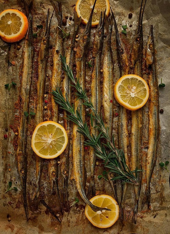 Fried fish, sargan, black sea pike, top view, close-up, no people
