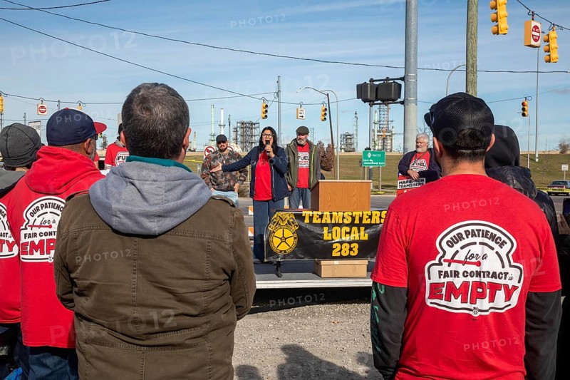 Detroit, Michigan USA, 9 November 2024, Congresswoman Rashida Tlaib speaks at a Teamsters solidarity rally during their strike against the Marathon Petroleum refinery