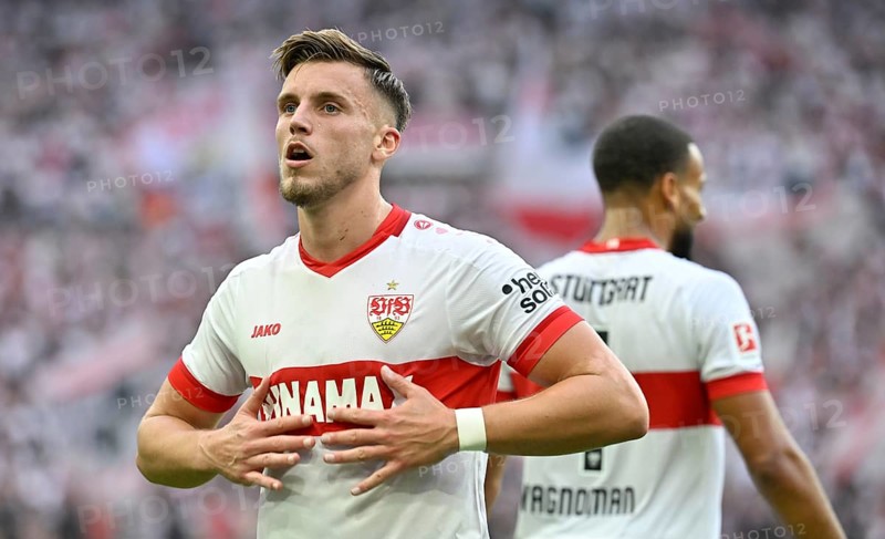 Goal celebration Ermedin Demirovic VfB Stuttgart (09) Josha Vagnoman VfB Stuttgart (04) MHPArena, MHP Arena Stuttgart, Baden-Württemberg, Germany, Europe