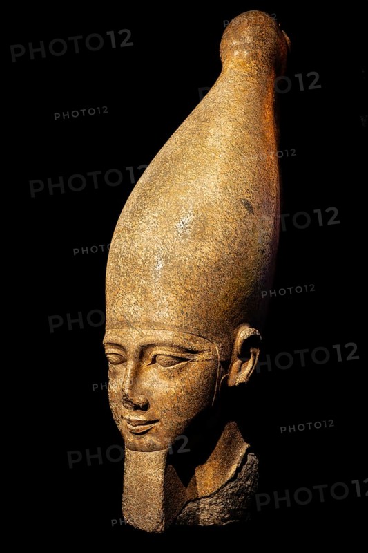 Head of a colossal statue of Ramses II, from the exhibition: Ramses the Great and the Gold of the Pharaohs, Cologne, North Rhine-Westphalia, Germany, Europe