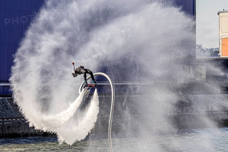 Harbour festival in Stuttgart. Spectacular jet ski and flyboard show on the Neckar. Stuttgart, Baden-Württemberg, Germany, Europe