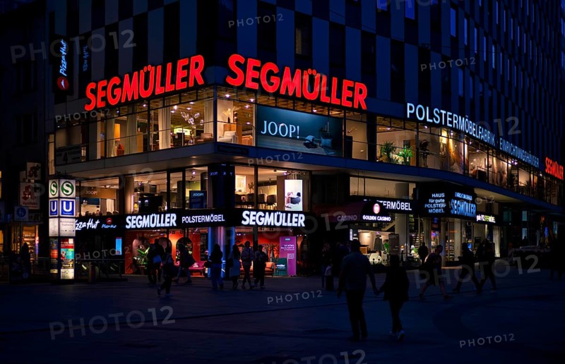 Night shot furniture store Segmüller, Joop, logo, city centre, advertisement, neon, Stuttgart, Baden-Württemberg, Germany, Europe