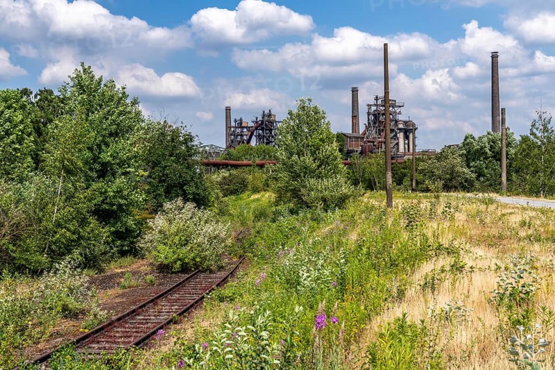 The Duisburg Nord Landscape Park, blast furnace backdrop, Sinterweg, North Rhine-Westphalia, Germany, Europe