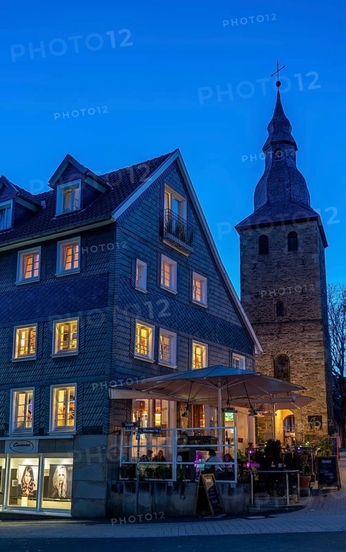 The old town centre of Hattingen, Untermarkt, church tower of the former Johanneskirche half-timbered houses, North Rhine-Westphalia, Germany, Europe