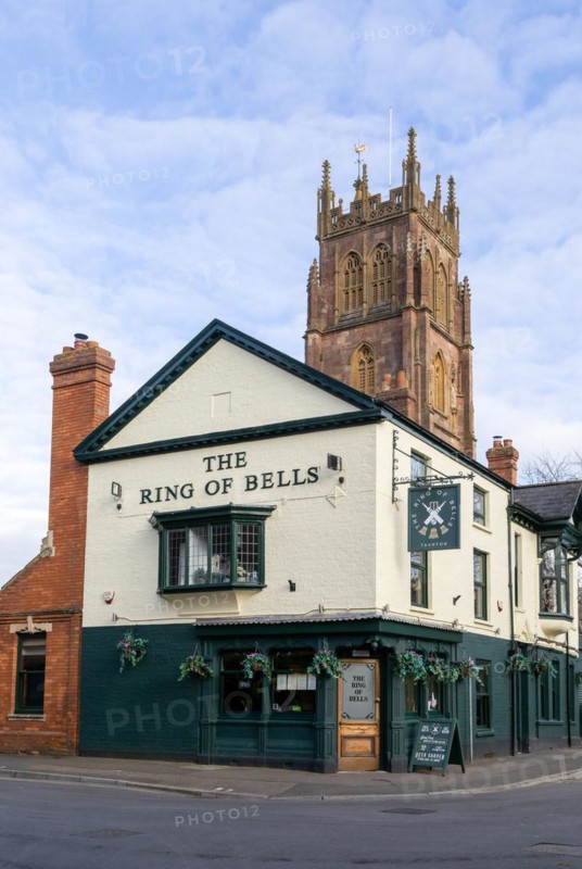 The Ring of Bells pub and St James church Taunton, Somerset, England, UK