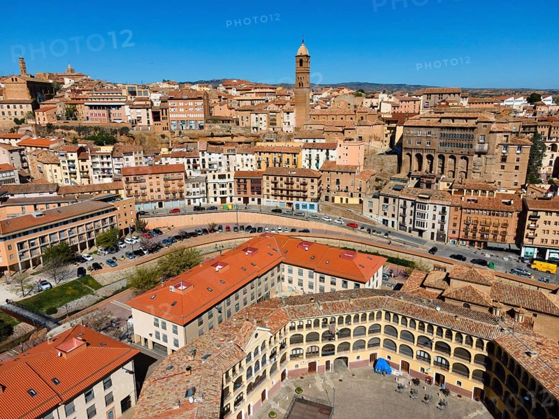 Aerial view of a historic city with many tiled roofs and a striking tower in the centre, aerial view, church, Iglesia de Santa María Magdalena, bishop's palace, Palacio Episcopal, Plaza de Toros, bullring, Tarazona, Zaragoza, Aragon, Spain, Europe