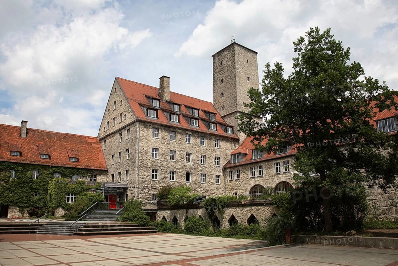 Feuerstein Castle, a modern building ensemble in the style of a castle near Ebermannstadt in the district of Forchheim, Upper Franconia, Bavaria, Germany, Europe