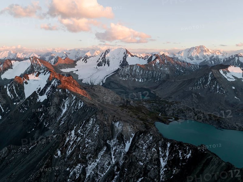 Evening mood, mountain panorama, aerial view, 4000 metre peak with glacier, mountain pass and mountain lake Ala-Kul Lake, Tien Shan, Kyrgyzstan, Asia