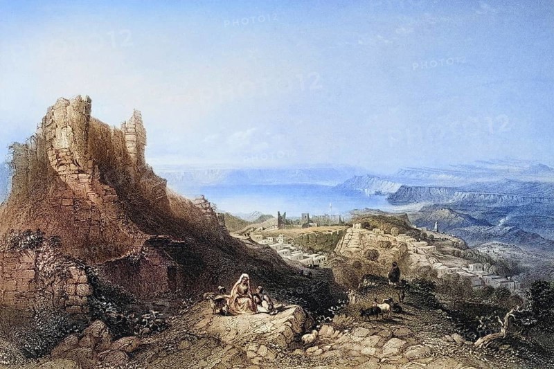 Lake Tiberius from the castle of Saphet, Palestine, c. 1850, Historical, digitally restored reproduction from a 19th century original, Record date not stated