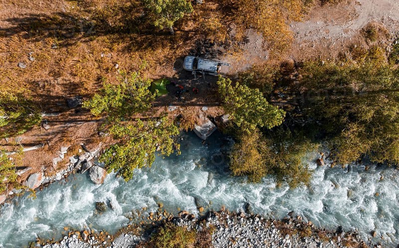 View down, aerial view, tent and camping, Ala Archa mountain stream, Ala Archa National Park, Khirgiz Ala-Too Mountains, Chuy Region, Kyrgyzstan, Asia