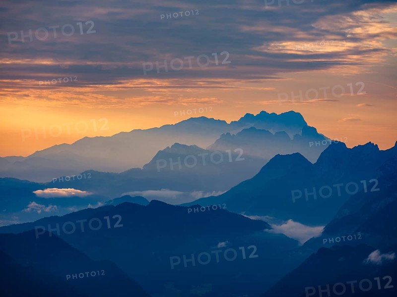 Silhouette of the Hoher Dachstein in the haze at dawn, Roßfeld, Golling, Salzburg province, Austria, Europe