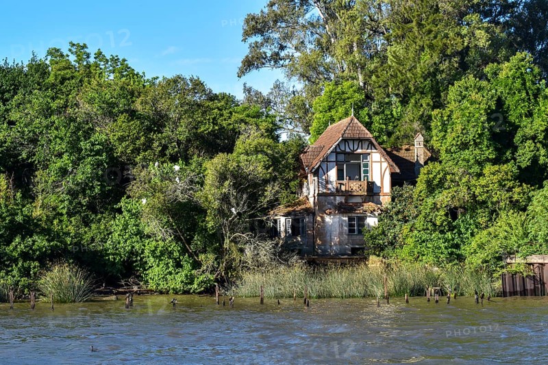 Lost place, a dilapidated villa, on the Rio Lujan in Tigre, the recreational area on the delta of the Rio Parana, Buenos Aires, Argentina, South America