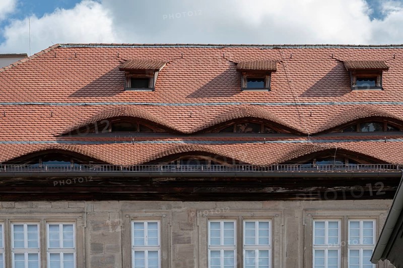 Curved dormers from the former prince-bishop's rent office, now the Knauf Museum, Am Marktplatz, Iphofen, Lower Franconia, Bavaria, Germany, Europe