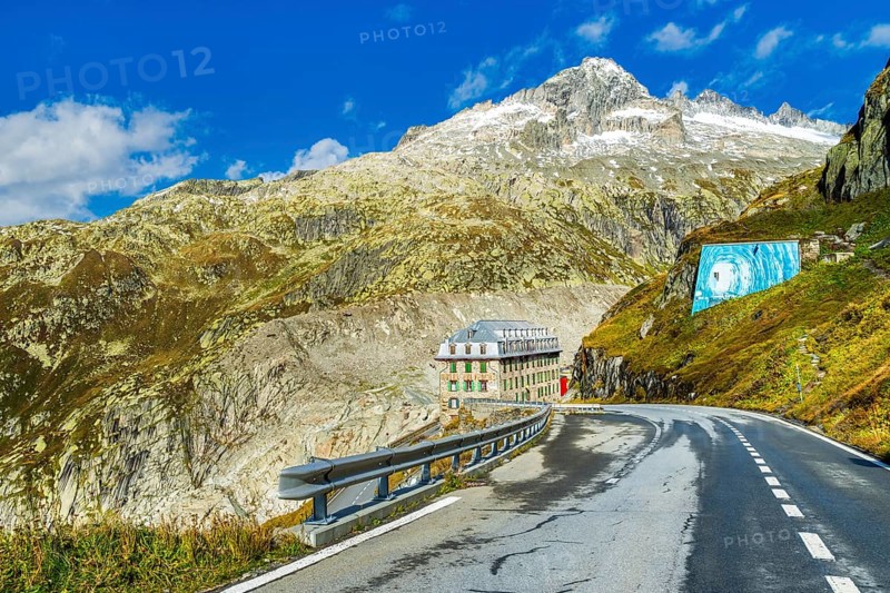 View of Hotel Belvedere at road to pass Furkapass, Kanton Wallis, Swiss Alps, Switzerland, Europe