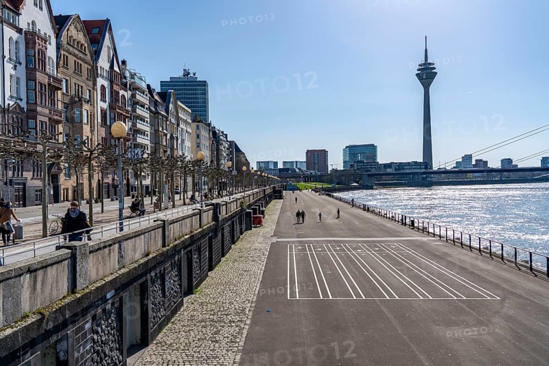 Empty Rhine embankment promenade, consequences of the contact ban, effects of the coronavirus pandemic in Germany, Düsseldorf