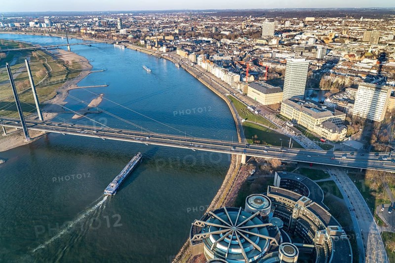 View over the city centre of Düsseldorf, state parliament, Rheinknie bridge over the Rhine, old town bank, from North Rhine-Westphalia, Germany, Europe