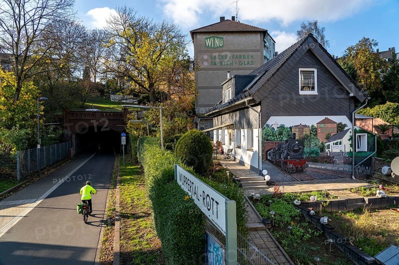 The Nordbahntrasse, a cycle path, footpath, on a former 22 KM long railway line, along the west-east axis of Wuppertal, on the northern slope, with many tunnels, viaducts and views of the city, former Rott station, Wuppertal, North Rhine-Westphalia, Germany, Europe