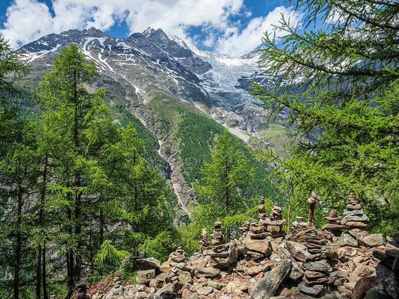 View to valley Mattertal, Matter valley, seen from hike village Randa to Charles Kuonen suspension bridge, stone cairns, canton Valais, Switzerland, Europe