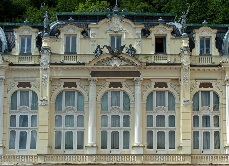 Art Nouveau window front at the Grandhotel Pupp in the spa district, Karlovy Vary, Bohemia, Czech Republic, Europe