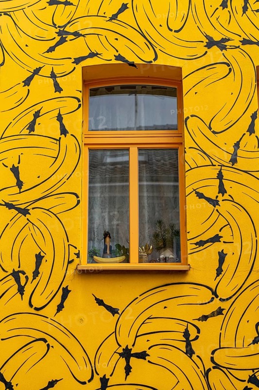 The Banana House, designed by banana artist, Thomas Baumgärtel, Karlstraße, harbour district Duisburg-Ruhrort, North Rhine-Westphalia, Germany, Europe