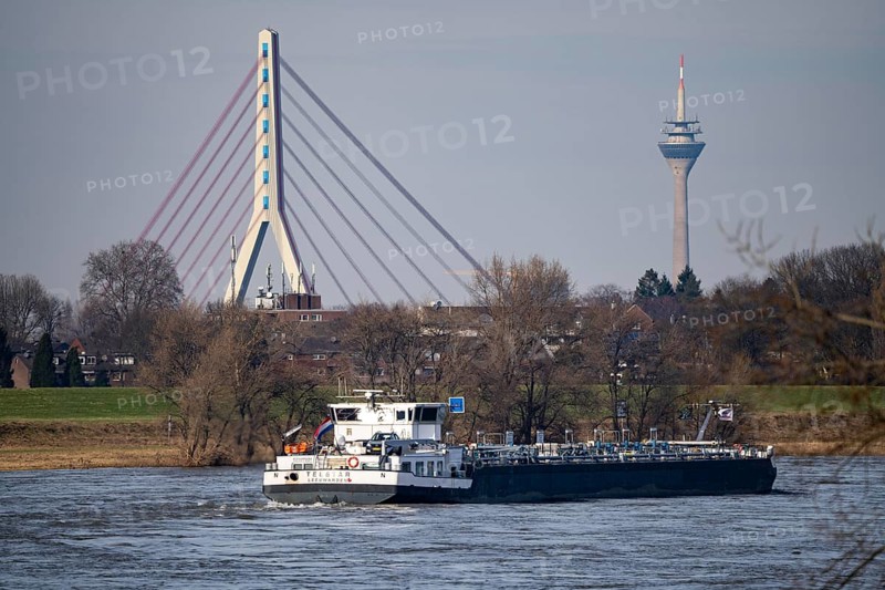 Cargo ship on the Rhine near Dormagen, in the background the Fleher Bridge and the Rhine Tower in Düsseldorf, North Rhine-Westphalia, Germany, Europe