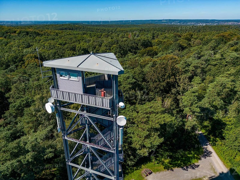 Fire watch tower on the Rennberg, near Flaesheim, Haltern am See, in the Haard forest area, one of 3 fire watch towers in the region, manned from April to October in dry weather conditions, part of the fire monitoring system, North Rhine-Westphalia, Germany, Europe