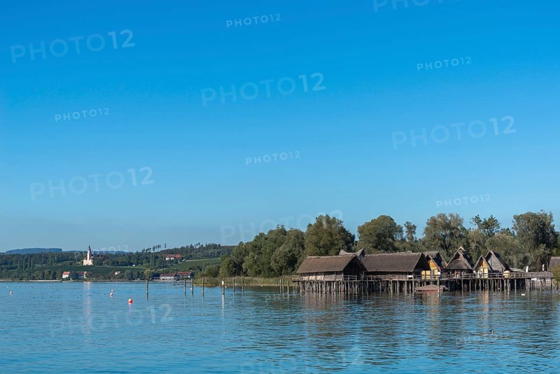 Unteruhldingen, Pfahlbaumuseum, Lake Constance, reconstruction, Stone Age, Birnau Monastery Church, Baden-Württemberg, Germany, Europe