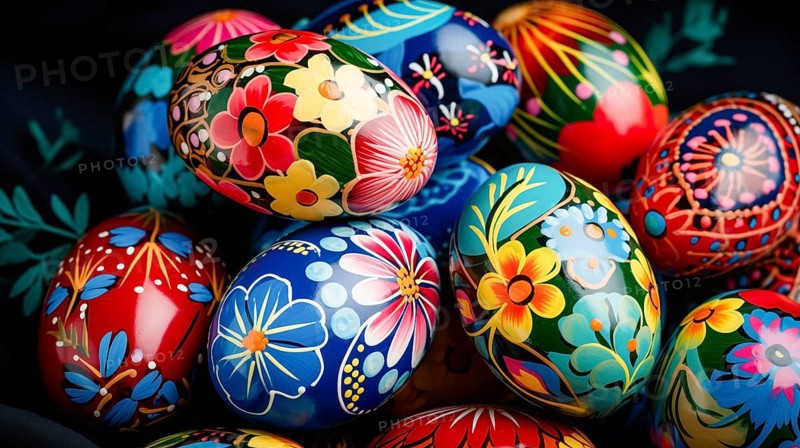 Vibrant, hand-painted Easter eggs adorned with intricate floral patterns, AI generated