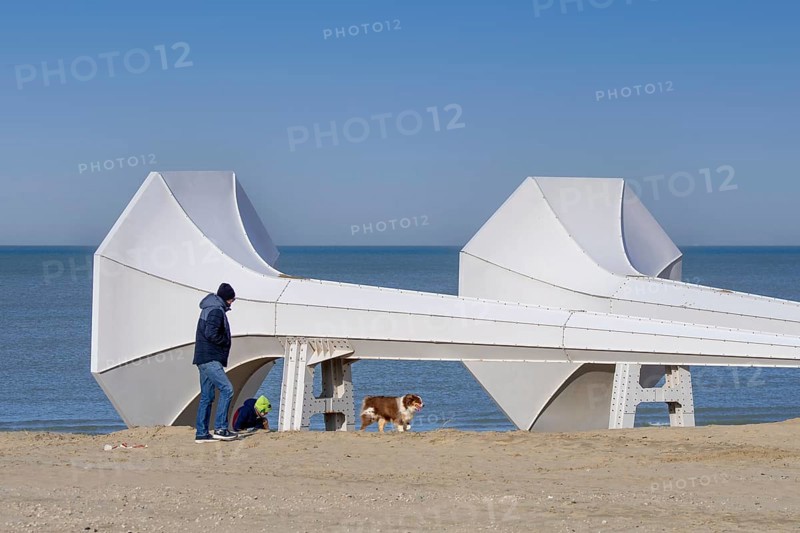 I Can Hear It, art installation on the beach by Ivars Drulle at seaside resort Westende, Middelkerke, West Flanders, Belgium, Europe