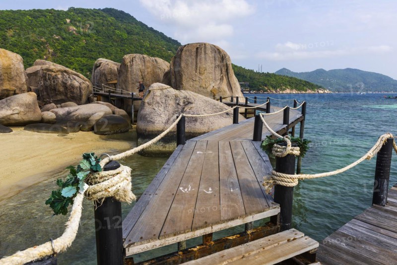 Wooden jetty with granite rocks at the entrance area of Nang Yuan Island, island, holiday island, tropical, tropics, holiday paradise, landscape, bathing holiday, bathing beach, dream holiday, exotic, coastal landscape, Asian, natural landscape, rock, natural paradise, sight, beautiful, natural, paradise, seascape, summer, beautiful weather, climate, nature, coastline, ocean, sea, water, turquoise, beach holiday, Koh Tao, Thailand, Asia