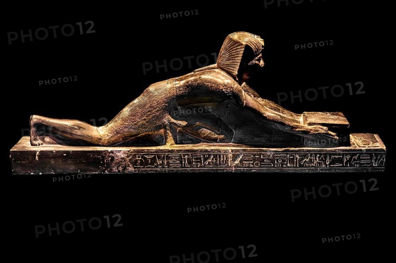 Statue of Ramses II prostrating himself from the exhibition: Ramses the Great and the Gold of the Pharaohs, Cologne, North Rhine-Westphalia, Germany, Europe
