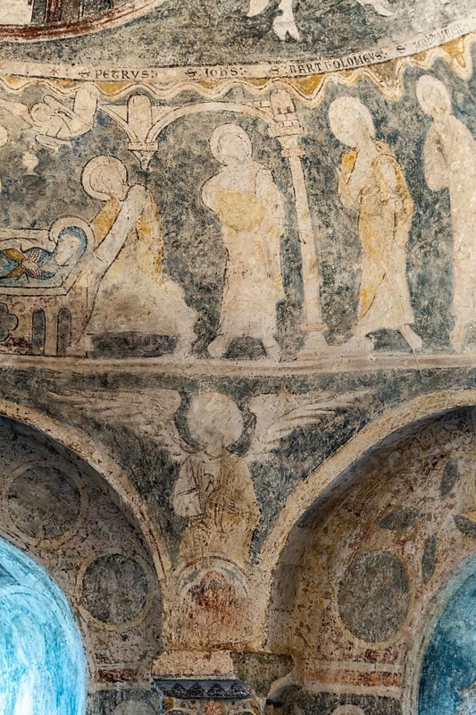 Aubazat. Wall paintings of the Romanesque style in Saint-Barthélemy chapel located in Peyrusse, Haute-Loire, Auvergne-Rhone-Alpes, Franc