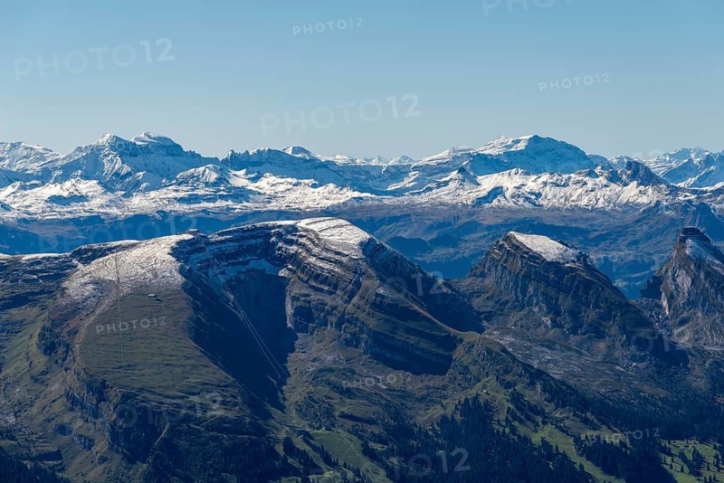 View from the alpine peak Säntis to the Appenzell Alps, 2505m altitude, Schwägalp, snow-covered mountain range, Urnäsch, Canton Appenzell, Ausserrhoden, Switzerland, Europe