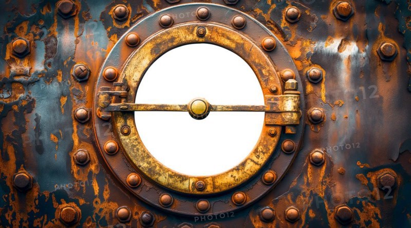 Vintage aged brass ship porthole mounted on a rusty iron hull with a white background. generative AI, AI generated