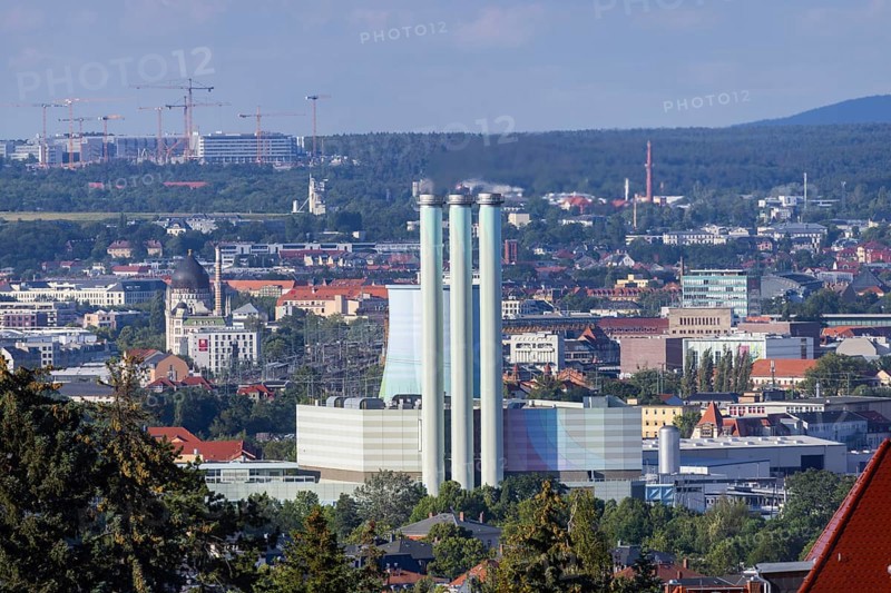 Cityscape Dresden with power station Nossener Brücke, Yenidze and construction site Infineon, distant view of Dresden seen from the west, Dresden, Saxony, Germany, Europe