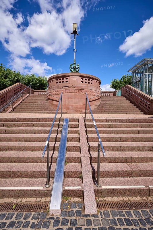 Stairs to the Eiserner Steg pedestrian bridge from the Alt-Sachsenhausen district in Frankfurt am Main, district-free city, Hesse, Germany, Europe