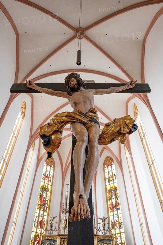 Large Christ cross in the chancel, St John and St Martin's Church, Schwabach. Middle Franconia, Bavaria, Germany, Europe