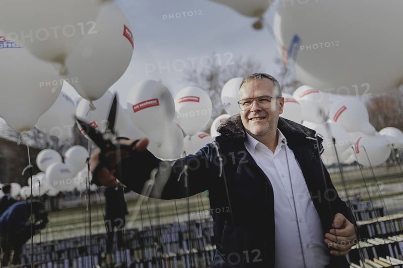 Jörg Dittrich, President of the German Confederation of Skilled Crafts, pictured as part of a protest action by the German Confederation of Skilled Crafts in front of the Federal Chancellery in Berlin, 26 February 2024. The German Confederation of Skilled Crafts demonstrates against the economic policy of the Federal Government as well as the high level of bureaucracy and the improvement of location conditions