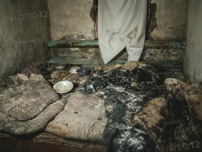 Cell in the basement of the police station. After the occupation of the city by the Russian army, over 200 people were imprisoned, interrogated and tortured here in freezing temperatures, Isjum, Kharkiv, Ukraine, Europe