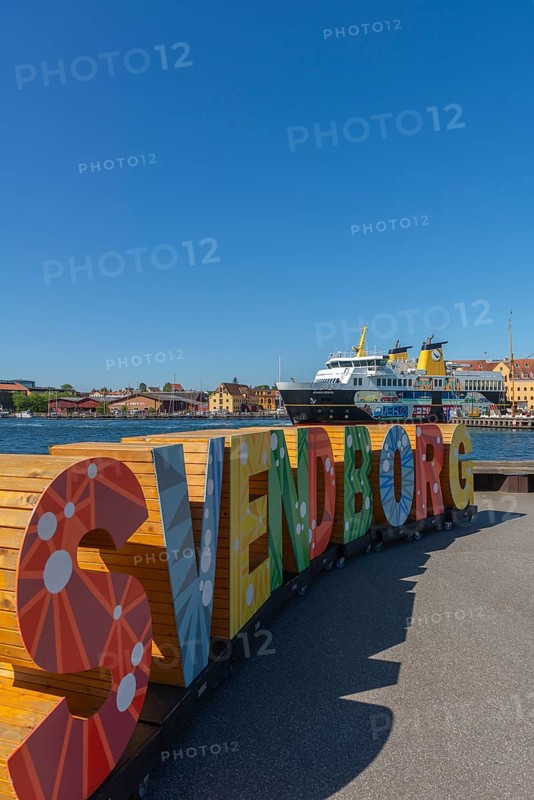 Maritime Svendborg, Frederiksø, Frederiks Island in the harbour, colourful lettering, old warehouse, Ærø ferry, Great Belt, Baltic Sea, Fyn, Fyn Island, Denmark, Europe