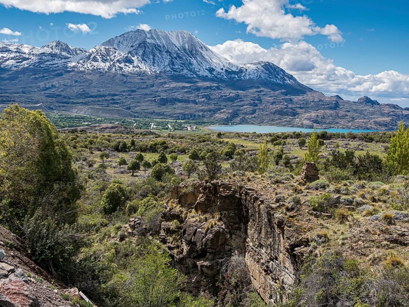 View over a canyon to village Puerto Ingeniero Ibanez located at lake Lago General Carrera, Peninsula de Levican, along road x-735, Patagonia, Chile, South America