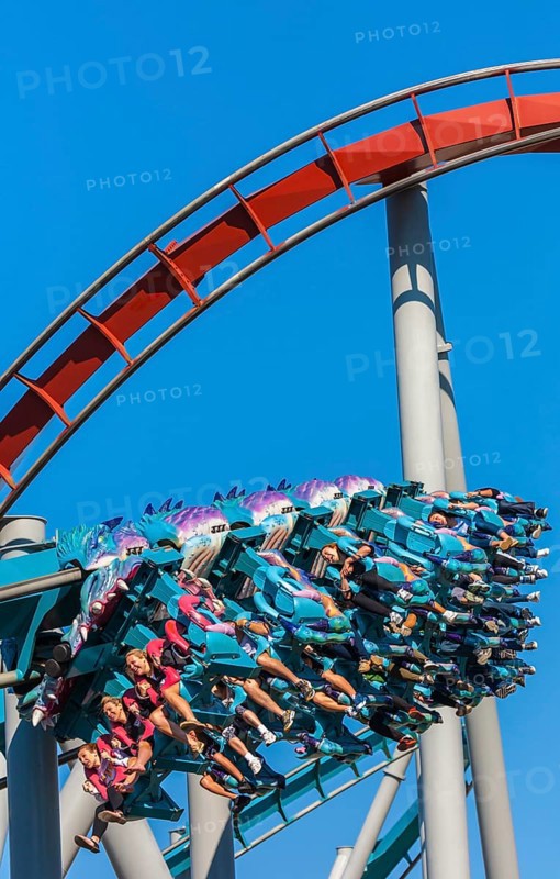 Theme park guests riding Dragon Challenge roller coaster in Wizarding World of Harry Potter at Islands of Adventure, Orlando, Florida, USA, North America