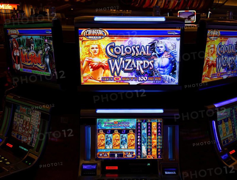 Las Vegas, Nevada, USA, March 10, 2020: Casino machines in the entertainment area at night waiting for gamblers to come, play and bet, North America